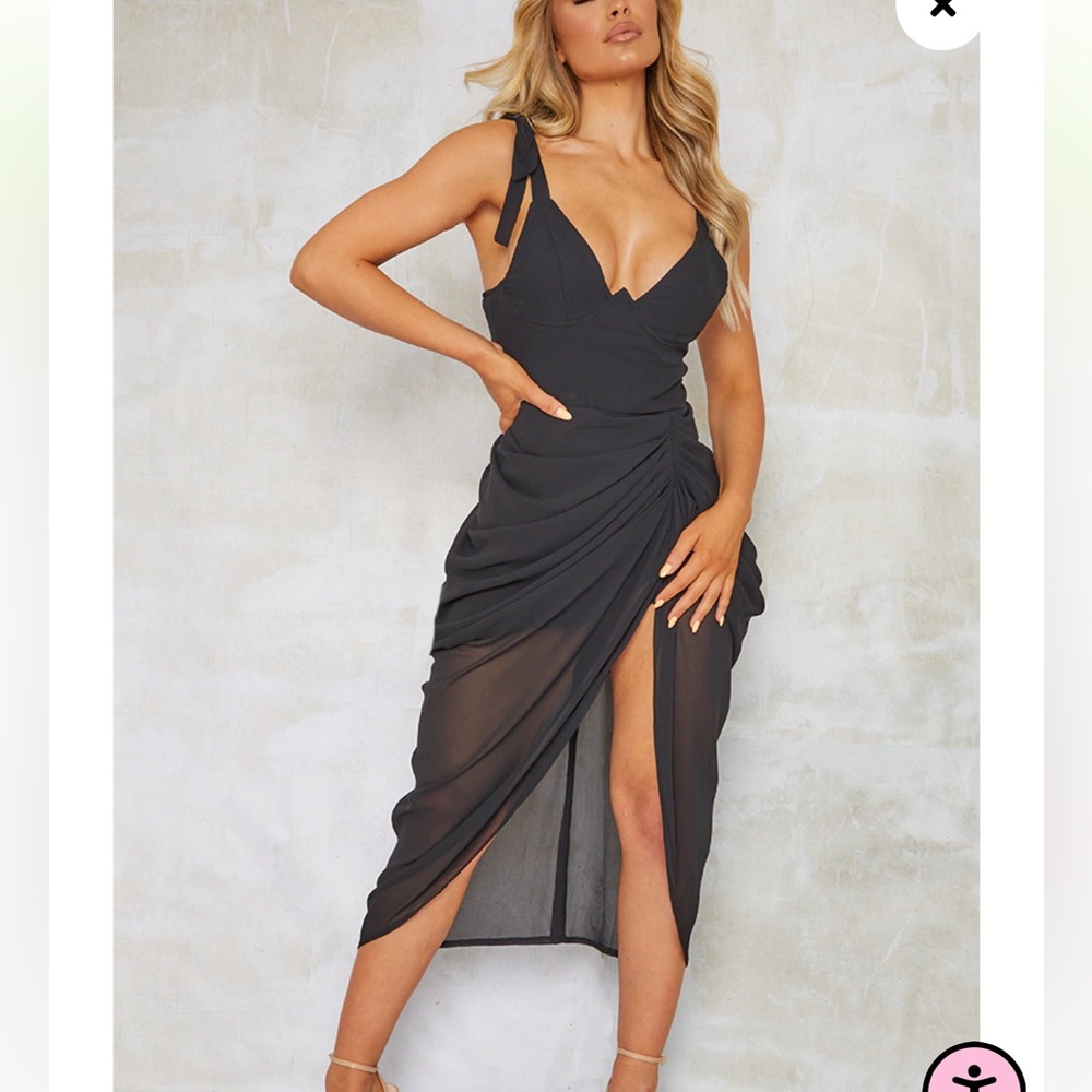 Pretty Little Thing Black Chiffon Corset Ruched Midi Dress